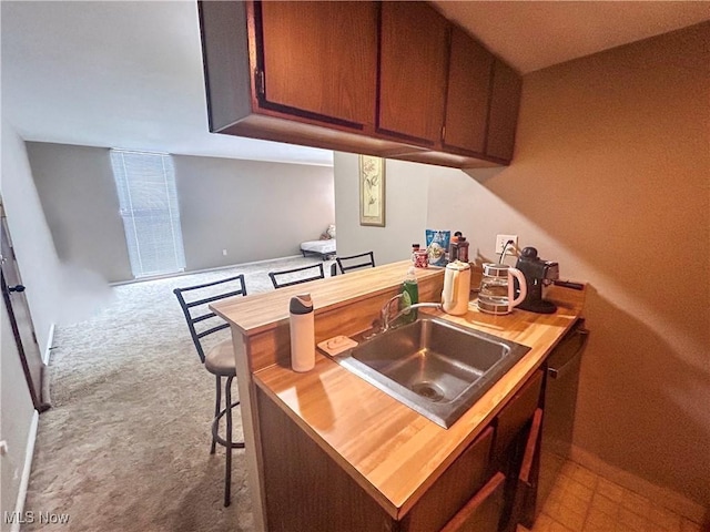 kitchen featuring light carpet, a kitchen breakfast bar, stainless steel dishwasher, and sink