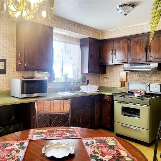 kitchen featuring stove, sink, dark brown cabinets, and decorative backsplash