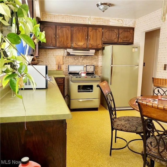 kitchen with dark brown cabinetry, range, and refrigerator