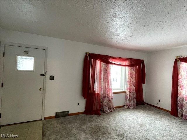 carpeted foyer with a textured ceiling and a wealth of natural light