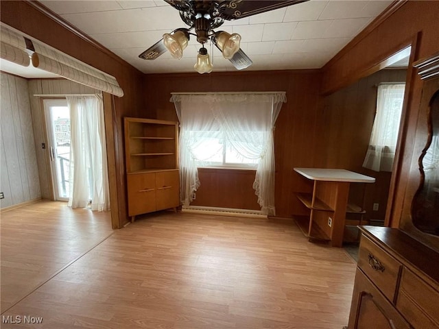 interior space with light hardwood / wood-style flooring, ceiling fan, a baseboard radiator, and plenty of natural light