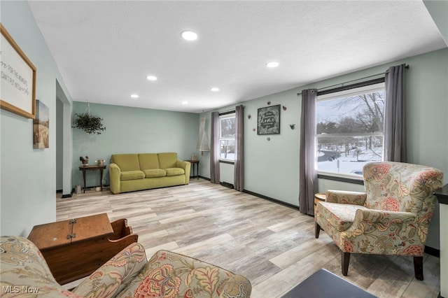 living room with a textured ceiling and light wood-type flooring