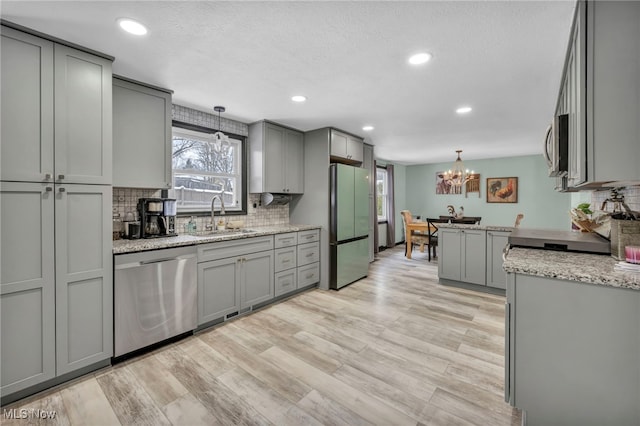 kitchen featuring pendant lighting, sink, gray cabinets, and stainless steel appliances