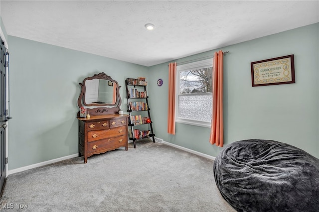 living area with a textured ceiling and light carpet