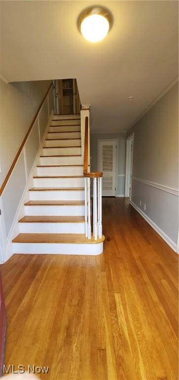 stairway with hardwood / wood-style floors