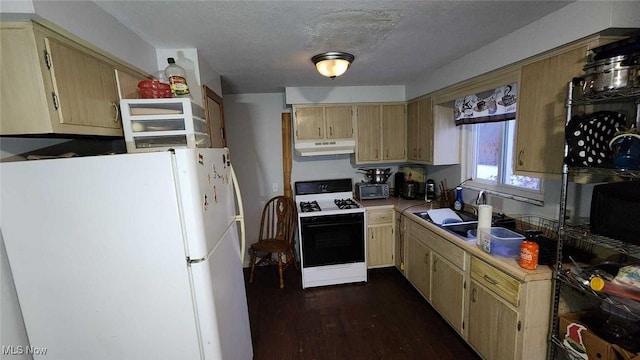 kitchen with a textured ceiling, white appliances, light brown cabinetry, and sink