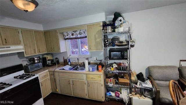 kitchen featuring light brown cabinets, white gas range oven, ventilation hood, and sink