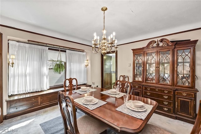 carpeted dining space featuring an inviting chandelier