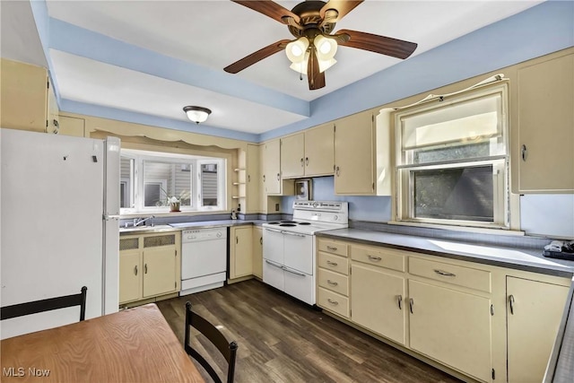 kitchen with ceiling fan, dark hardwood / wood-style flooring, white appliances, and cream cabinets