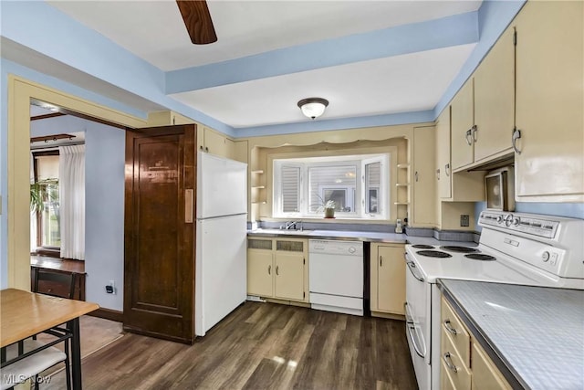 kitchen with ceiling fan, dark hardwood / wood-style flooring, and white appliances