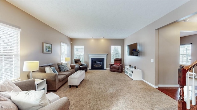 living room featuring carpet and a textured ceiling