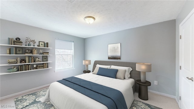 bedroom with carpet flooring and a textured ceiling