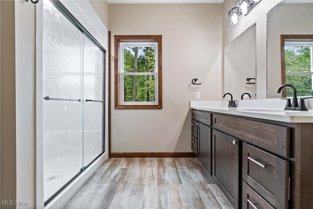 bathroom with vanity, hardwood / wood-style flooring, a shower with door, and a healthy amount of sunlight