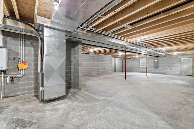 basement with tankless water heater, electric panel, and heating unit