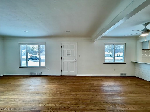 interior space with hardwood / wood-style floors, a wealth of natural light, and ceiling fan