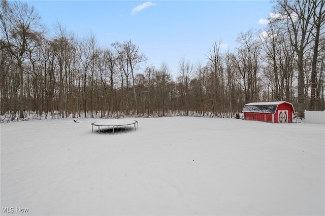 yard covered in snow with an outdoor structure and a trampoline