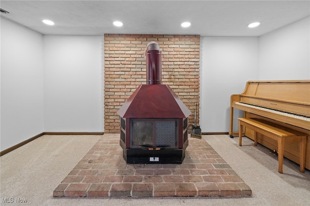 details featuring carpet flooring and a wood stove