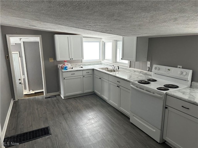 kitchen with white cabinetry, sink, light stone countertops, dark hardwood / wood-style floors, and white range with electric stovetop