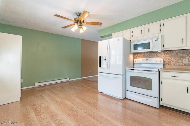 kitchen with decorative backsplash, white appliances, a baseboard radiator, white cabinets, and light hardwood / wood-style floors