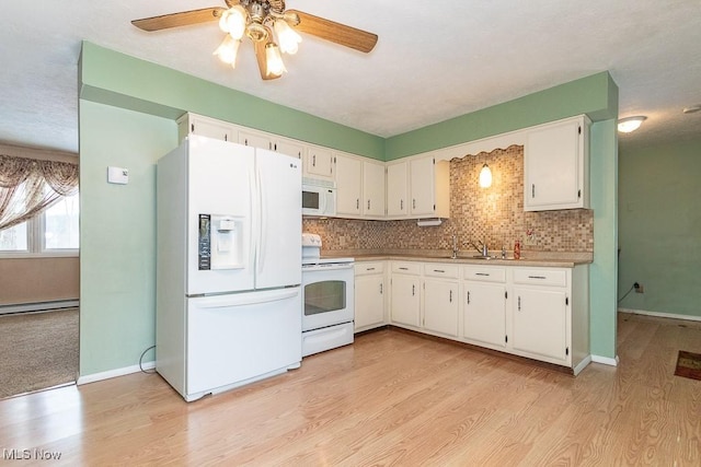 kitchen with decorative backsplash, light wood-type flooring, white appliances, a baseboard radiator, and white cabinets