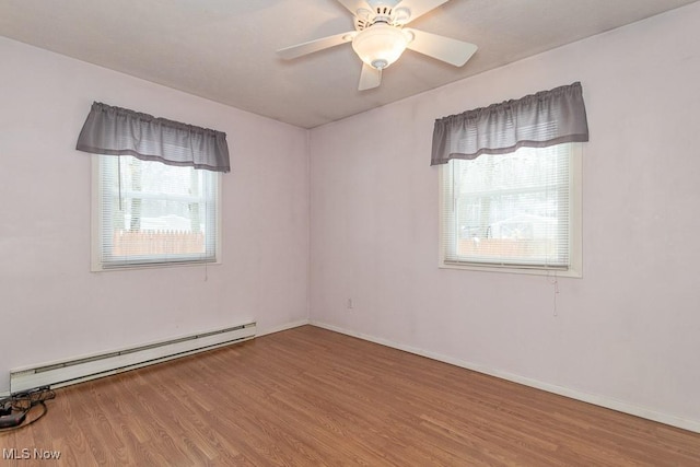 unfurnished room with hardwood / wood-style flooring, ceiling fan, and baseboard heating