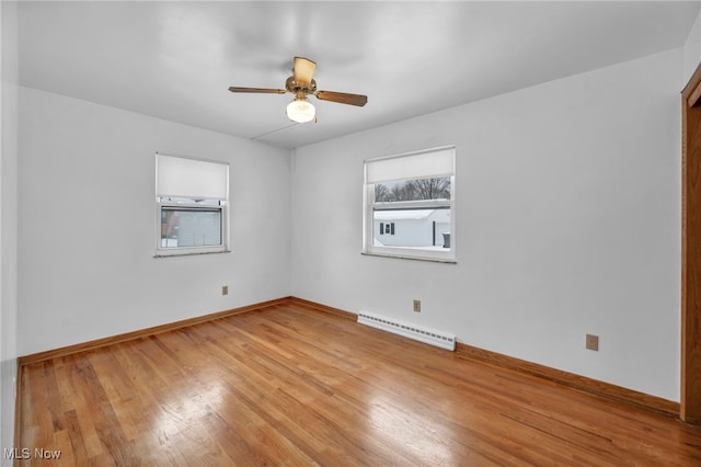 spare room featuring hardwood / wood-style flooring, ceiling fan, and a baseboard heating unit