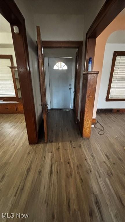 hallway with dark wood-type flooring