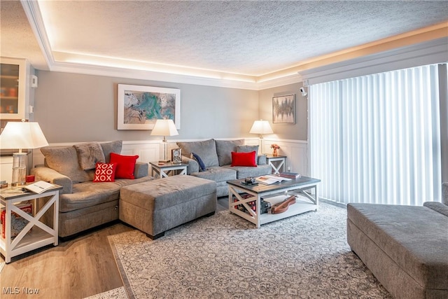 living room with hardwood / wood-style flooring, a textured ceiling, and a tray ceiling