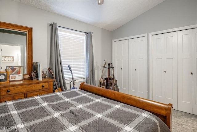 carpeted bedroom with vaulted ceiling, multiple windows, and multiple closets