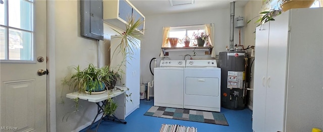 laundry room featuring separate washer and dryer, electric panel, and gas water heater