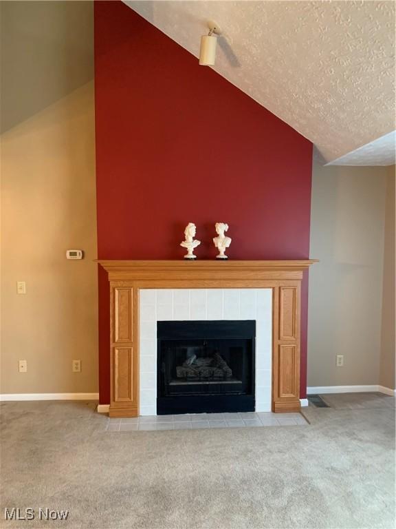 details with carpet, a fireplace, and a textured ceiling