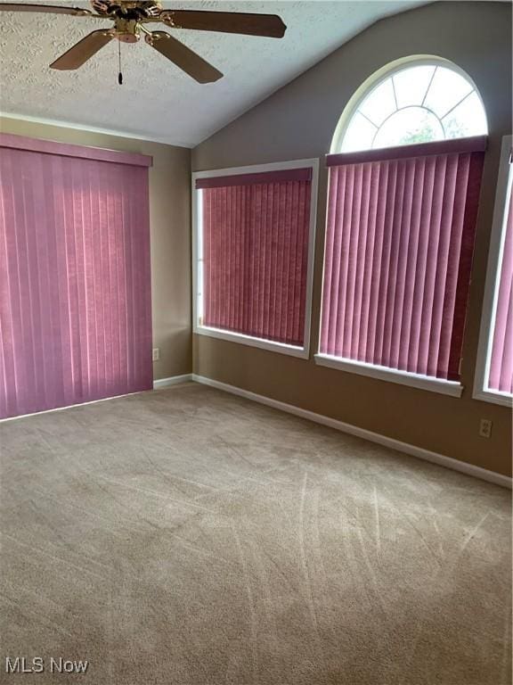 empty room featuring carpet flooring, plenty of natural light, ceiling fan, and lofted ceiling