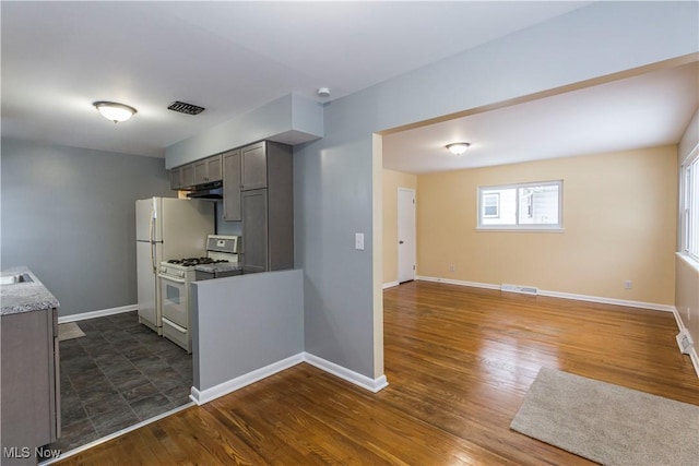 kitchen featuring gray cabinets, dark hardwood / wood-style floors, and gas range gas stove