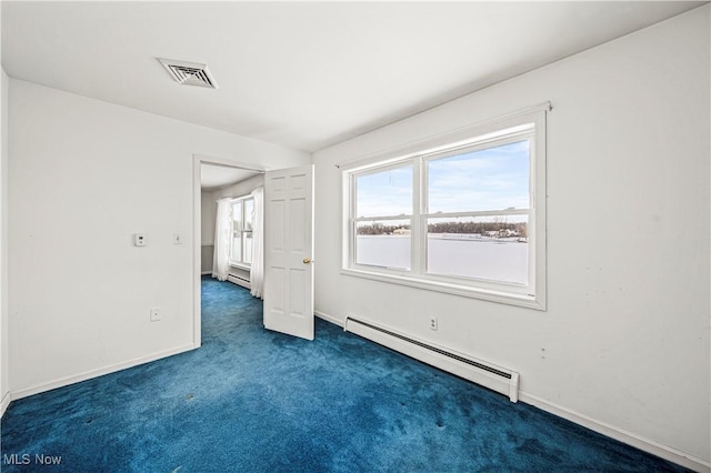 unfurnished room featuring dark carpet and a baseboard radiator