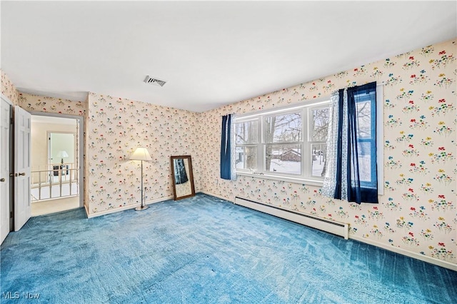 unfurnished living room featuring a baseboard heating unit, carpet flooring, wallpapered walls, and baseboards