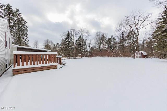 yard layered in snow with a storage shed