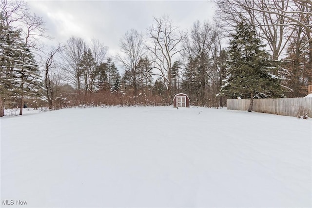 yard covered in snow with a shed