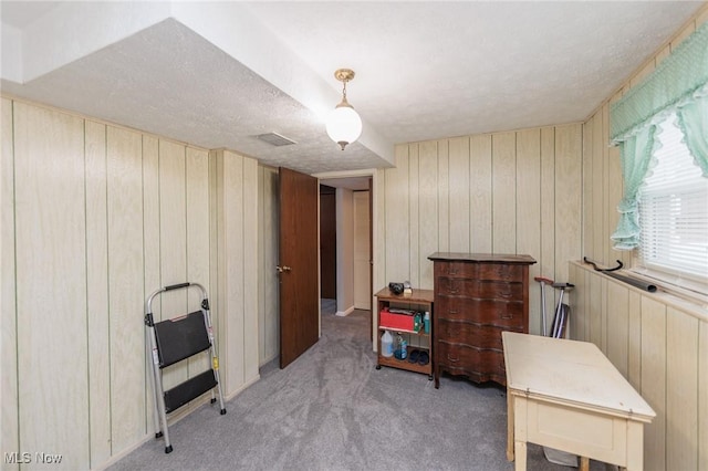 miscellaneous room featuring light colored carpet and wood walls