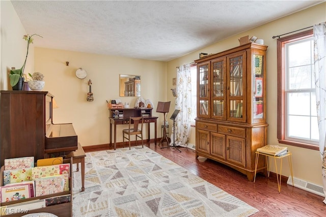 sitting room with hardwood / wood-style floors, plenty of natural light, and a textured ceiling