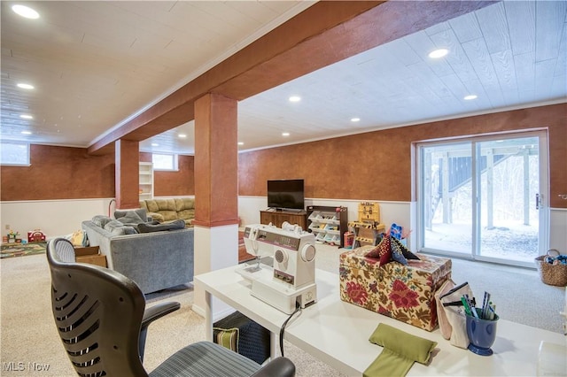 living room with ornamental molding and carpet floors