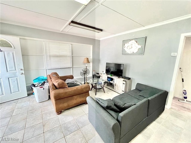 tiled living room with crown molding