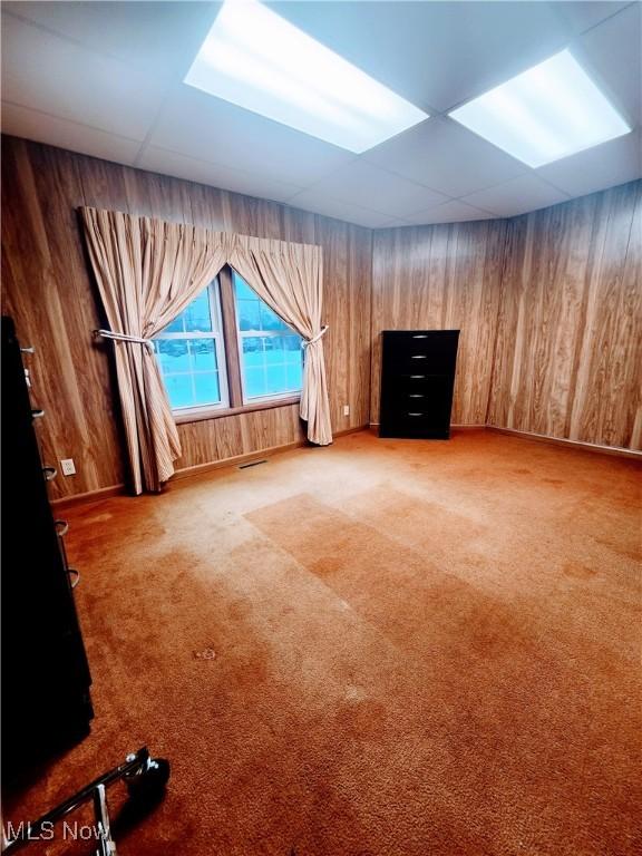 additional living space featuring carpet flooring and wood walls