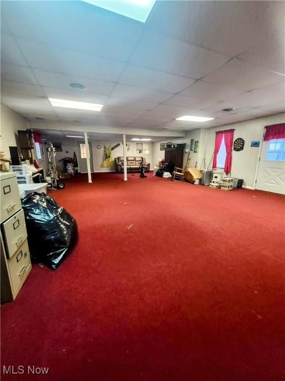 interior space featuring carpet flooring and a drop ceiling