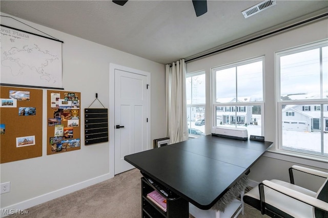 home office featuring a wealth of natural light and light colored carpet