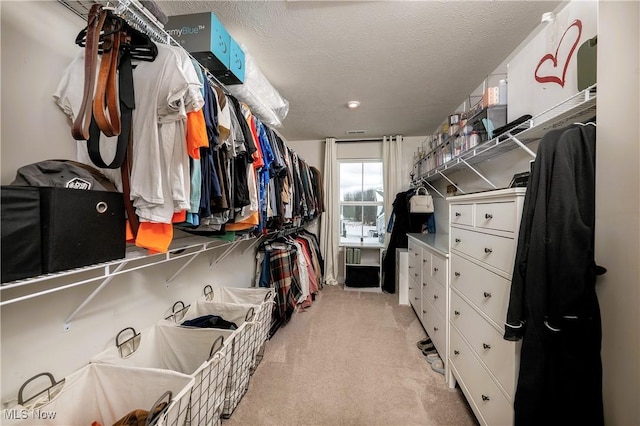 walk in closet with light colored carpet