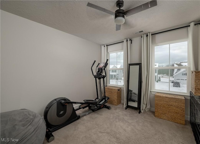 workout area featuring a textured ceiling, light colored carpet, and ceiling fan