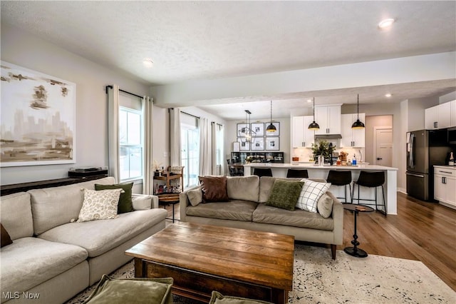 living room featuring wood-type flooring and a textured ceiling