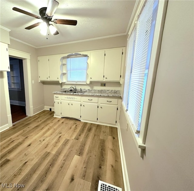 kitchen with crown molding, sink, white cabinets, and plenty of natural light