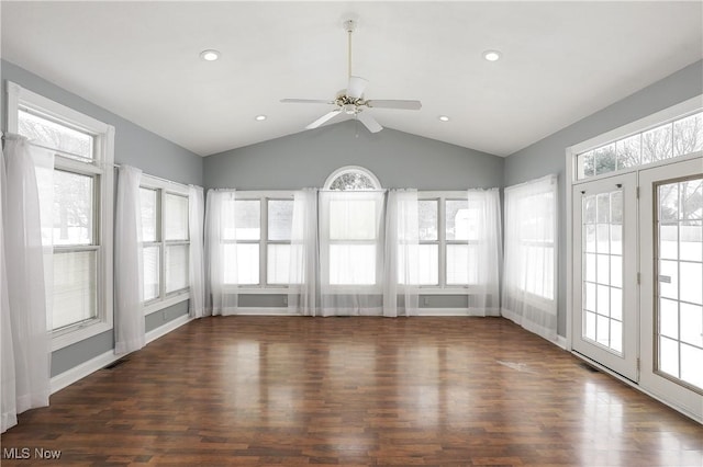 unfurnished sunroom with ceiling fan and lofted ceiling