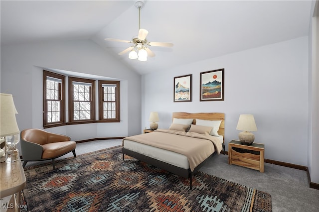 carpeted bedroom featuring ceiling fan and lofted ceiling